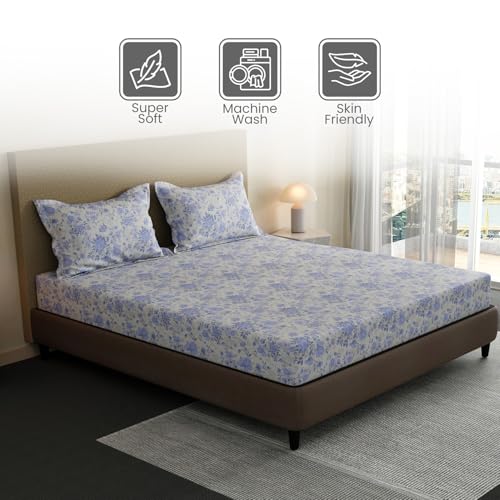 Image of Layers 100% Cotton Bedsheet for King Size Bed | Lumina Floret Collection | 144 TC Soft & Breathable | Floral Print with 2 Pillow Covers | Wrinkle Free & Colorfast | 3 Piece Bedding Set - Blue