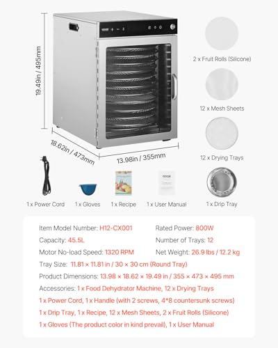 VEVOR Dörrgerät Dörrautomat 12 Edelstahlschalen, elektrischer 800 W Futtertrockner mit einstellbarer Temperatur, Gefriertrockner für Trockenfleisch Fleisch Obst Gemüse Kräuter Hundeleckerlis – Bild 8