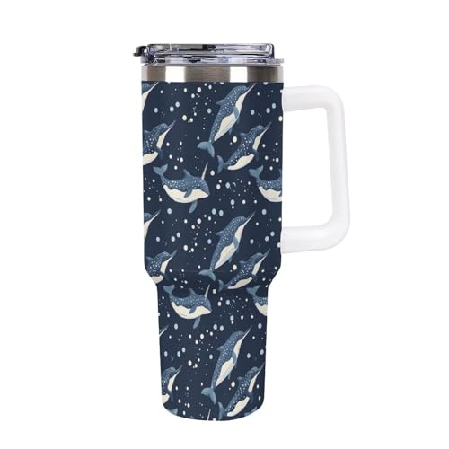 Taza de viaje de 40 onzas con asa y diseño marino para café frío o caliente