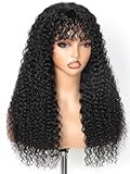 JuneMet Ruiyu Curly Human Hair Wigs with Bangs 2x4 HD Lace Water Wave Closure Wet and Wavy Ready to Wear and Go Wigs Glueless with Bangs for Black Women 180 Density 100% Brazilian Human Hair 22 Inch
