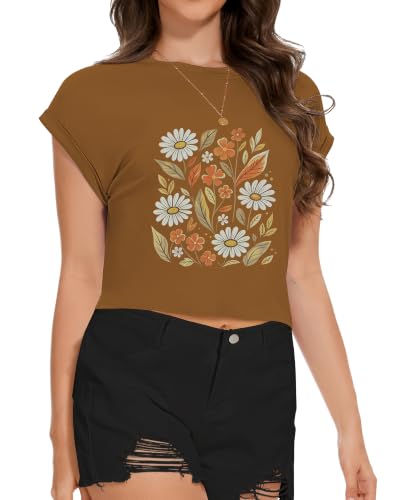 Image of Womens Crop Tops Summer Roll Cap Sleeve Cropped Tshirt Loose Fit Basic Tees