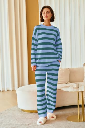 Image of SENSERISE Womens Striped Set Sweater Lounge Sets | Pajamas Set, Loungewear Set, Oversized Knit Sweater, Wide Leg Pants with Pockets, Fall Outfits, Pants Set