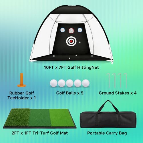 Golf Practice Net 10x7FT with Tri-Turf Mat