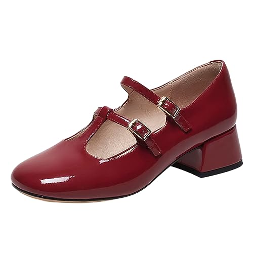 FOWT Women Round Toe T-Strap Pumps Ankle Buckle Block Low Heel Mary Janes Elegant Dates Party Wedding Dress Shoes Size 4-16 US