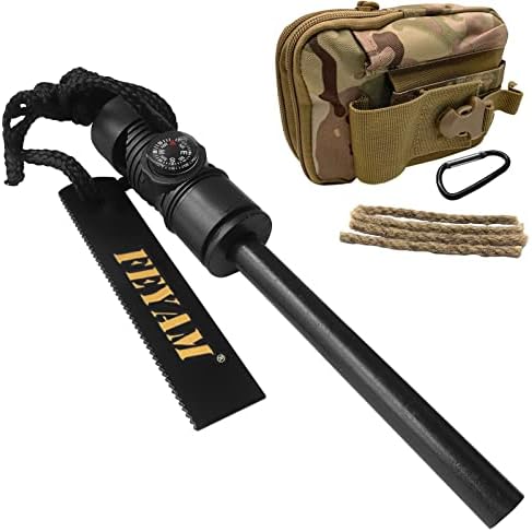 FEYAM Fire Starter Striker Magnesium Rod igniter with Compass and Whistle, Outdoor Survival kit Combination, Necessary Ignition Wax impregnated Hemp Rope, and Outdoor Sports Large Capacity Bag