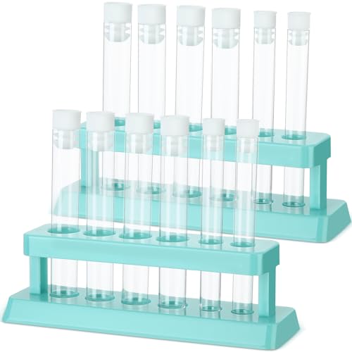 Copkim 2 Sets Test Tubes with Rack Clear Plastic Test with Caps and 6 Holes Holder Rack Nurse Party Decorations Shot Tubes for Scientific Experiments Party...