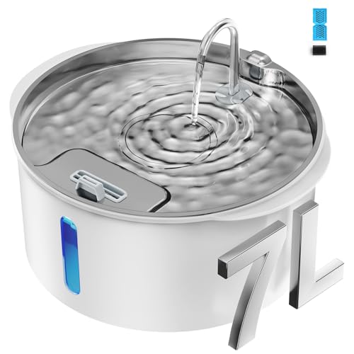 Pektaco Dog Water Fountain with Stainless Steel Lid， 236oz/7L Dog Water Bowl Dispenser for Large Dogs, Pet Fountain Water Dispenser with LED Light and Water Level Window