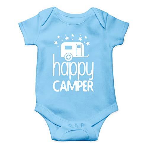AW Fashions Happy Camper Baby Bodysuit Funny Cute Infant Outfit Adorable Newborn Boy Girls Unisex Romper (12 Months, Light Blue)