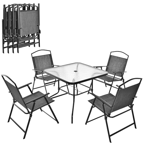 KOMFOTTEU 5-teiliges Gartenmöbel Set, Terrassenmöbel Sitzgruppe inkl. Gartentisch mit Schirmloch & 4 Klappstühle aus Textilene-Stoff, Balkonmöbel Balkontisch Gartenstuhl für Terrassen KOMFOTTEU 5-teiliges Gartenmöbel Set, Terrassenmöbel Sitzgruppe inkl. Gartentisch mit Schirmloch & 4 Klappstühle aus Textilene-Stoff, Balkonmöbel Balkontisch Gartenstuhl für Terrassen