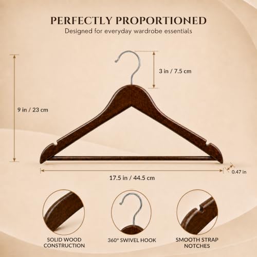 Image of Ash & Roh - Wooden Suit Hangers - Smooth Finish Solid Wood Coat Hanger with Non Slip Pants Bar, 360 Swivel Hook and Precisely Cut Notches Camisole, Jacket, Clothes Hangers (Cherry Hanger, 24)