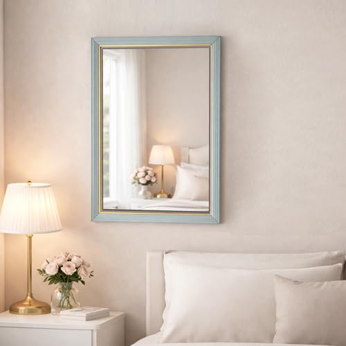 Image of Rousrie Premium Framed Glass Wall Mount Mirror, Decorative, for Bathroom, Bedroom, Living Room and Entryway, Wash Basin (14 by 20 Inch) (Golden Blue)