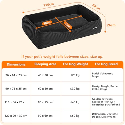 HMTOPE Hundebett, Hundesofa, Hundematte aus Cord, S/M/L, rutschfest, Abnehmbar und Waschbar, Weich und Atmungsaktiv, Dunkelgrau, 110 x 85 x 27 cm