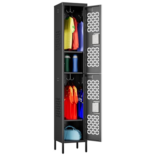 Image of SUPEER 2 Doors Metal Lockers for School,66 inch Tall Metal Storage Lockers with 6 Hooks and 2 Shelves,Standing Narrow Lockers for Gym,Home,66 inch H x 11.81 inch W x 11.81 inch D,Black,Assembly Required
