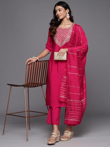 Image of Gerua by libas Solid Silk Blend Straight Kurta with Trouser & Dupatta | Ethnic Wear |Wedding Dress | Ocassion Wear