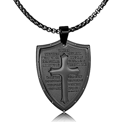 Crucifix Necklace Men Cross Necklace for Men - Black Cross Necklace for Men - Shield Armor of God Ephesians 6:16-17, Faith Cross Stainless Steel Pendant Necklace Cover