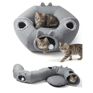 Katzenhöhle 3-in-1 Katzentunnel, rund | Atmungsaktives Leinen, Herausnehmbares Bett, Für Sommer, S-förmig verstellbar, Für Katzen und Kaninchen