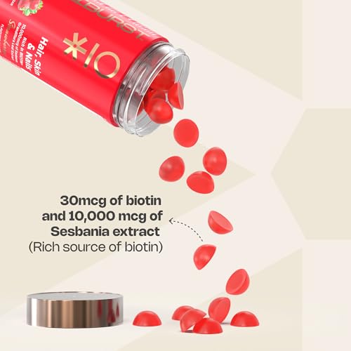 Nutriburst Biotin Gummies for Healthy Hair, Skin & Nails Growth | With High Potency 10000 mcg of Sesbania Extract Natural Biotin,Folic Acid & Multivitamins, No-Added Sugar, Strawberry Flavor|60 Gummy