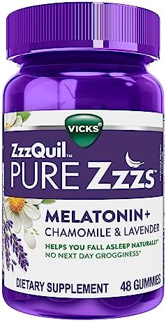 ZzzQuil PURE Zzzs, Melatonin Sleep Aid Gummies with Lavender, Valerian Root and Chamomile, Natural Wildberry Vanilla Flavor, Non-Habit Forming, Drug-Free, 48 Count