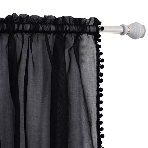 Elegant Comfort Semi-Sheer Pom Pom Tassels Curtains - 2 Panels Set - With 2Inch Rod Pocket - Solid Sheer Curtain Drapes For Living Room, Bedroom, W40 X L84, Black #TOP27
