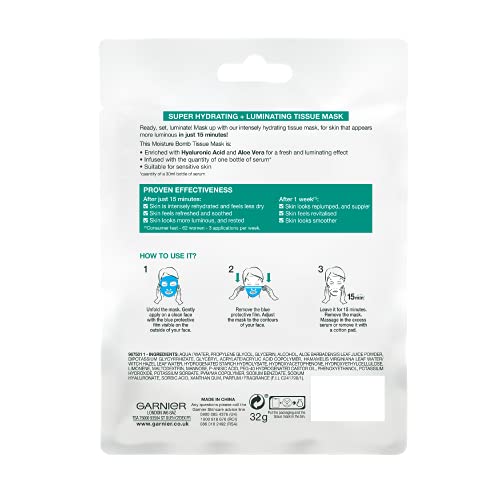 Garnier Moisture Bomb Aloe Vera Hyaluronic Acid Hydrating and Luminating Face Sheet Mask Sensitive Skin 28g - Image 4