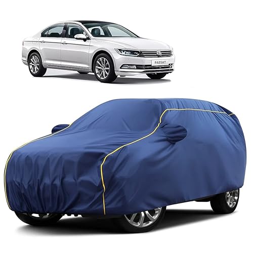 Image of Sulfar 100% Water Resistant Car Body Cover Compatible with Mirror for Volkswagen Passat (Triple Stitched, Full Bottom Elastic, Blue Taffeta with Yellow Piping)