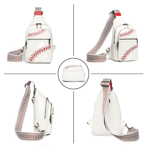 Image of FAYBA Small Sling Bag for Women Crossbody Fanny Pack, Baseball Print PU Leather Wide Guitar Strap Chest Sling Backpack Purse
