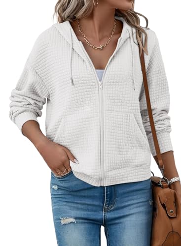 SHEWIN Womens Zip Up Hoodies Oversized Sweatshirt Fall Fashion Outfits 2025 Casual Jackets Waffle Hooded Sweatshirts with Pockets,US 8-10(M),White