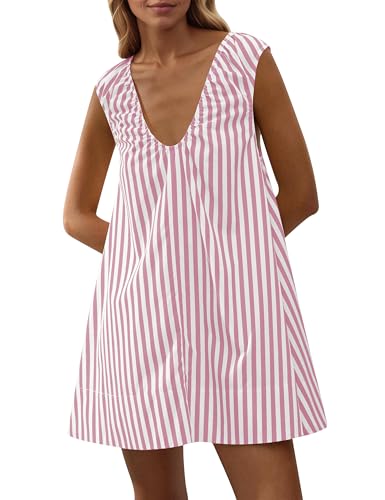 Image of Women Summer Sleeveless Babydoll Mini Dress Scoop Neck Loose Fit Tank Dresses Party Ruched Short Dress with Pockets