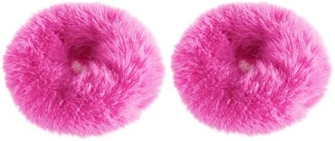 2 PCS Hot Pink Pom Pom Hair Tie Fuzzy Scrunchies Furry Hair Bands With Faux Rabbit Fur Fluffy Elastic Hair Bobbles Ponytail Holders Girls Women Hair Accessories