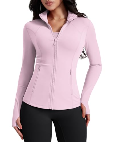 AVGO Womens Workout Jackets Lightweight Athletic Zip Up Jacket Slim Fit Running Gym Top with Pockets & Thumb Holes(Pink Lady M)