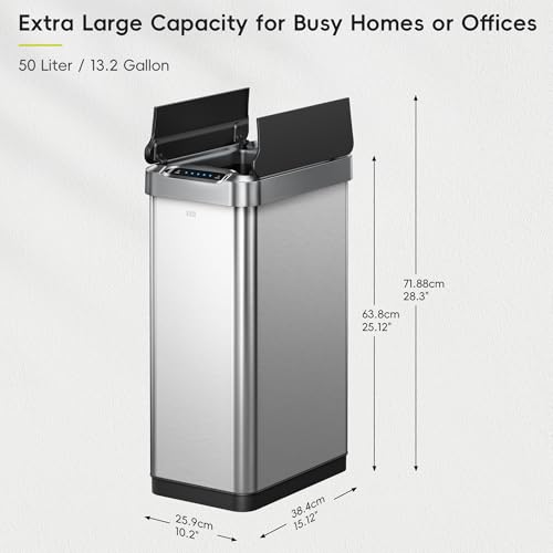 Image of EKO Phantom-T 50 Liter / 13.2 Gallon Vertical Motion Sensor Trash Can or Recycling Bin, Brushed Stainless Steel Finish