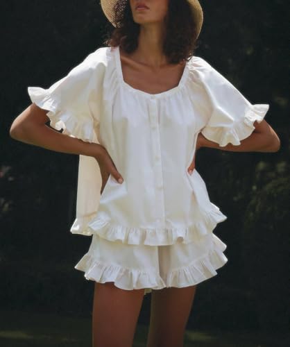 Image of Womens Fashion Summer Short Sets Short Sleeve Button Down Ruffle Trim Top and Shorts Cotton Pajama Sets