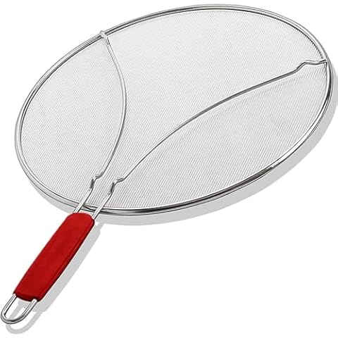 ALPHA LIVING Splatter Guard for Frying Pan & Food Strainer and Universal Cookware 13" - Stops Hot Oil Splash - RED Handle - Splatter Screen for Cooking Cover