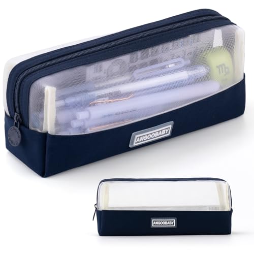 Image of ANGOOBABY Mesh Pencil Bag Clear pencil case Zipper Pouch Bags Multifunctional Pencil Holder for Students, Small Makeup Bag Suitable for Teen Girls & Boys (Navy)