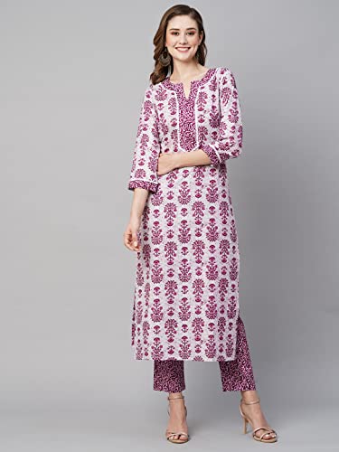Image of GoSriKi Women's Cotton Blend Printed Straight Kurta with Pant (Navya Pink-GS)