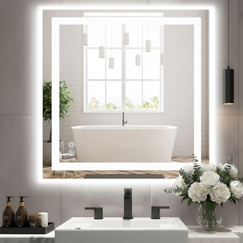 Sweetcrispy 36 x 36 LED Bathroom Mirror Smart Lighted Vanity Mirror for the Bathroom with Lights and 3 Color Temperatures Anti-Fog Dimmable Memory Function