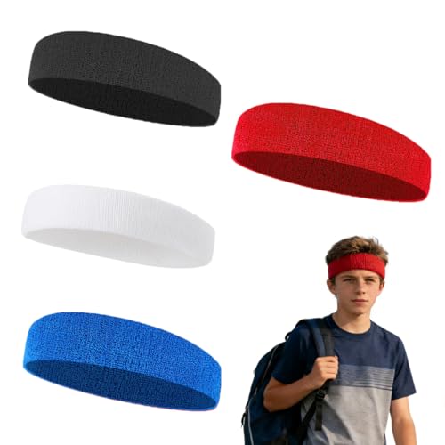 Image of Sports Sweatbands for Kids 4-Pack - Sweat Absorbing Headbands for Boys & Girls, Soft Elastic Non-Slip Bands for Basketball, Soccer, Running, Tennis & Workout