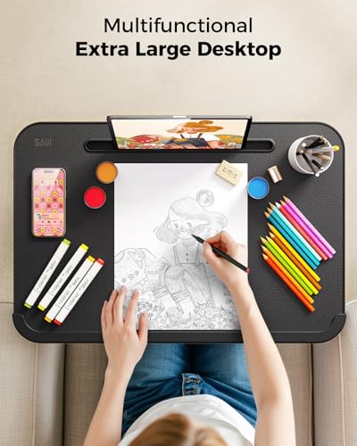 Image of SAIJI Easy Folding TV Tray Table Adjustable TV Dinner Tray | No Assembly Required, Leather Surface, Metal Frame, Extra Large, Sturdy and Stable, for Laptops and Eating on Couch & Bed