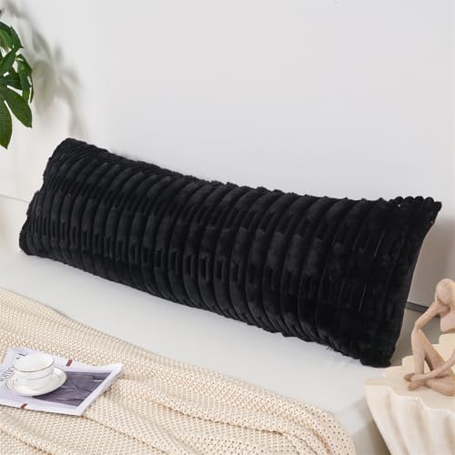 Faux Fur Body Pillow Cover 20x54 Body Pillowcase Fluffy Long Pillow Case Shaggy Faux Rabbit Fur Pillow Cover with Zipper Soft and Plush for Bedroom and Couch(Black Body)