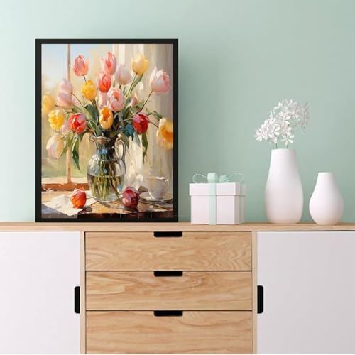 Image of Eiazuiks Stamping Cross Stitch Kit, Tulip Counting Cross Stitch Kit for Adult Beginners, Full Line DIY Stitching Kit for Home Decor Cross Stitch Patterns 12x16 inches