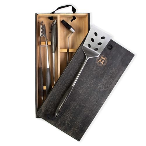 Schmidt Brothers - BBQ Ash 4 Piece Grill Set, Full-Forged Stainless Steel Grilling Utensils Including Spatula, Fork, Basting Brush, and Tongs with All Wood Handles