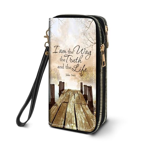FVAENDHIO Women's Large Capacity Wallet PU Leather Double Zipper Clutch Purse Multifunctional Wallet with Removable Wristlet Strap for Smart Phone/Coin/Card/Cash, Bible Verse John 14:6