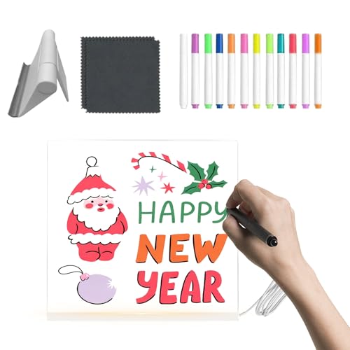 Pizarra de mensajes LED – Tableta acrílica con 12 lápices de colores | Tabla de luz plegable de borrado en seco con soporte – Para niños, adolescentes, cumpleaños, dibujo, aula, viaje por carretera
