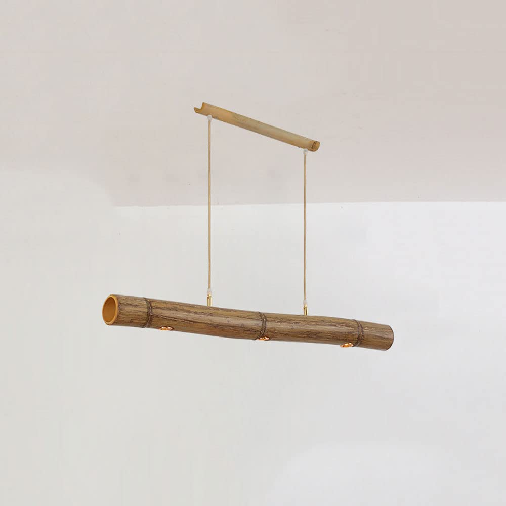 KXEcoLife Linear Pendant Farmhouse Dining Room 9W Rustic Natural Long Hanging Light Wood Ceiling Chandelier for Kitchen Island Office Restaurant