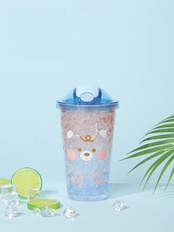 TEMSON Double Wall Cartoon Printed Sipper with Straw,Jelly Freezer Water Sipper for Kids, Acrylic Sipper Bottle with Straw - 450 ML (A - Blue)(BB 9012)-image-5