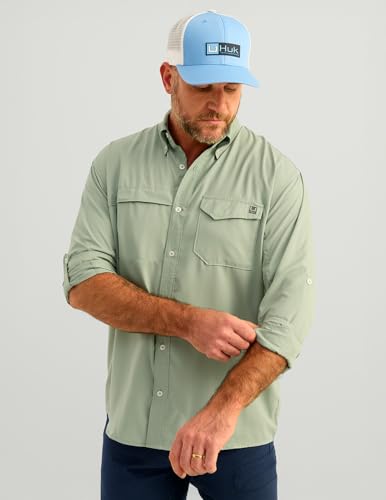 HUK Mens Tide Point Solid Long Sleeve Shirt, Button Down for Men, Fog Green, 3X-Large2