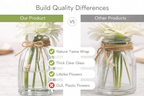 Image of CURATED CART Artificial Flower in Glass Vase for Home Decor, Small Mini Fake Plant, Realistic White and Green Faux Flower Bunch for Home, Office, Tabletop, Maintenance-Free