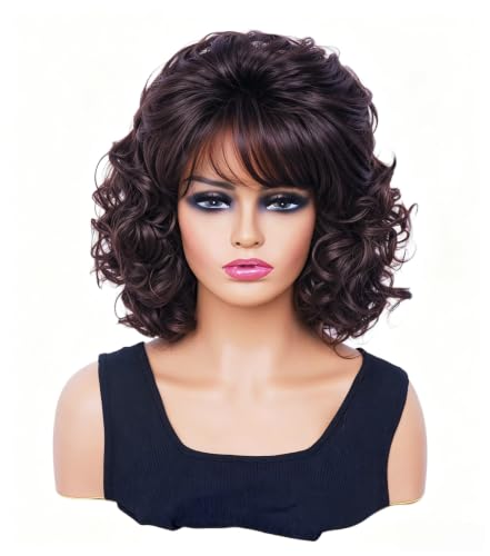 Gerulyss Short Brown Wigs for Women Brunette Wavy Vintage Wig with Bangs Synthetic Shoulder Length Curly Natural Wig for Cosplay,Halloween,Daily Use