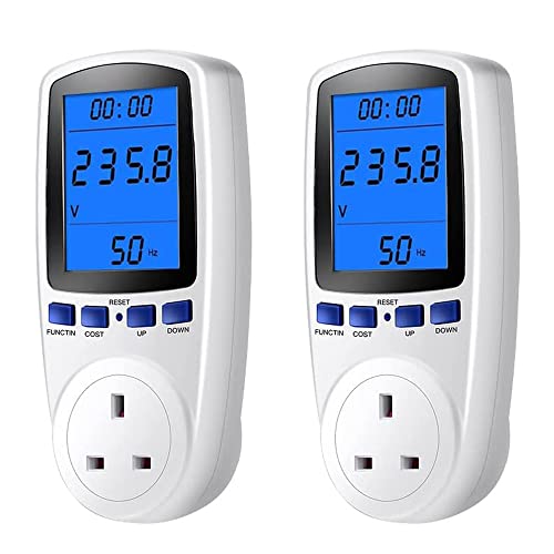 Power Meter, 2Pcs Electricity Usage Monitor Socket Backlight LCD Display, Energy Monitor UK Plug, Energy Power Consumption Analyzer with 7 Monitoring Modes Overload Warning Watt Volt Amp Meter