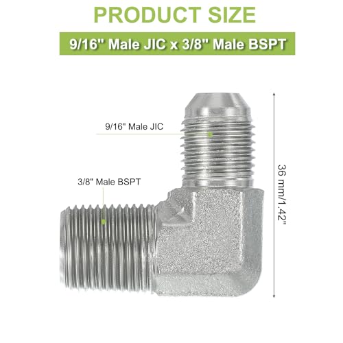 Image of PATIKIL 90 Degree Pipe Adapter, 9 /16 inch Male 37 Flare JIC x 3 /8 inch BSPT Male Connector Carbon Steel Elbow Fitting for Air Hydraulic Fluid Fuel Water Oil, Silver